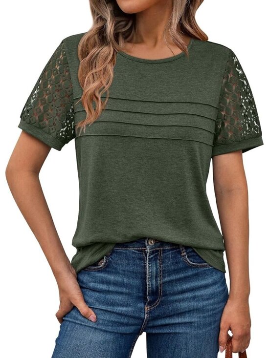 Tops - Women's T Shirt Green Short Sleeve Dressy Lace Summer Casual Work Outfit Blouses